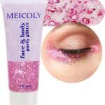 MEICOLY Pink Body Glitter 50ML, Singer Concerts Lover Heart Pink Face Glitter Gel, Chunky Hair Glitter, Mermaid Sequins Glitter Face Paint for Halloween, Sparkling Body Glitter for Women