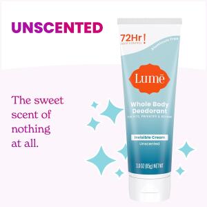 Lume Whole Body Deodorant, Unscented, 3.0 ounce (Pack of 2), Invisible Cream Tube, 72 Hour Odor Control, Aluminum Free, Baking Soda Free, Skin Safe