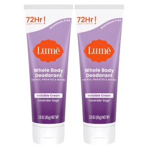 Lume Whole Body Deodorant, Lavender Sage, 3.0 ounce (Pack of 2), Invisible Cream Tube, 72 Hour Odor Control, Aluminum Free, Baking Soda Free, Skin Safe