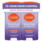 Lume Whole Body Deodorant, Soft Powder, 2.6 Ounce (Pack of 2), Smooth Solid Stick, 72 Hour Odor Control, Aluminum Free, Baking Soda Free and Skin Safe