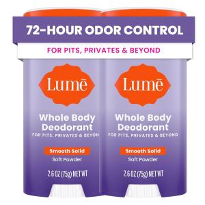 Lume Whole Body Deodorant, Soft Powder, 2.6 Ounce (Pack of 2), Smooth Solid Stick, 72 Hour Odor Control, Aluminum Free, Baking Soda Free and Skin Safe