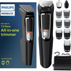 Philips Norelco Multi Groomer All in One Trimmer Series 3000, 13 Piece Mens Grooming Kit for Beard, MG3740/40, Face, Nose, Ear Hair Trimmer and Hair Clipper, NO Blade Oil Needed