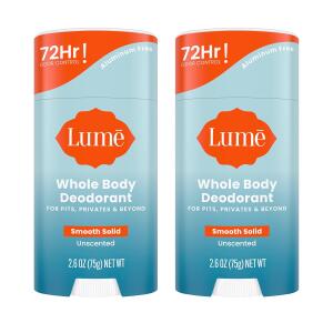 Lume Whole Body Deodorant, Unscented, 2.6 Ounce (Pack of 2), Smooth Solid Stick, 72 Hour Odor Control, Aluminum Free, Baking Soda Free and Skin Safe