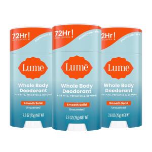 Lume Whole Body Deodorant, Unscented, 2.6 Ounce (Pack of 3), Smooth Solid Stick, 72 Hour Odor Control, Aluminum Free, Baking Soda Free and Skin Loving