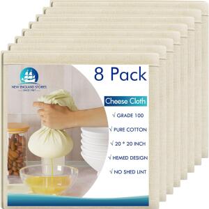 8 PCS Reusable Cheesecloth, Grade 100, 20x20 Inch Hemmed Cheese Cloth for Cooking, Baking, Juicing, Cheese Making, 100% Cotton Unbleached Cloth Strainer (400 Threads)