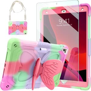 Ambison Case for iPad 9th/8th/7th Generation 10.2 inch with Glass Screen Protector and Rugged Shockproof Protective Cover for Kids (Rose Red)