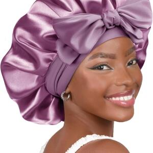 YANIBEST Satin Bonnet Silk Bonnet, Purple, for Sleeping Double Layer Satin Lined Hair Bonnet with Tie Band, for Women Curly Hair