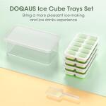 DOQAUS Ice Cube Tray Set: This 4 pack includes silicone and plastic ice cube trays with lids and a storage bin. Designed for easy stacking in the freezer (Green)