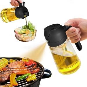 YARRAMATE Oil Sprayer for Cooking, 2 in 1 Olive Oil Dispenser Bottle (16oz/470ml), Premium Glass Oil Bottle, Foodgrade Oil Mister for BBQ, Frying, Salad, and Air Fryer (Black).