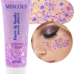 MEICOLY Chameleon Light Purple Body Glitter: Chunky, color-changing glitter gel for mermaid looks. Holographic sequins for face, body, and hair, ideal for Halloween and festival makeup.