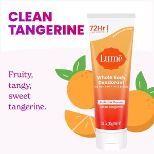 Lume Whole Body Deodorant, Clean Tangerine, 3.0 ounce (Pack of 2), Invisible Cream Tube, 72 Hour Odor Control, Aluminum Free, Baking Soda Free, Skin Safe