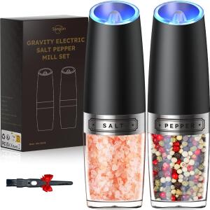 Sangcon Gravity Electric Salt and Pepper Grinder Set Automatic Shakers Mill Grinder with LED Light, Battery Powered Adjustable Coarseness One Hand Operation