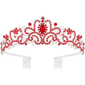 Didder Red Rhinestones Tiara: Elegant silver crown with combs for women and girls, perfect for weddings, proms, birthdays, and Halloween.