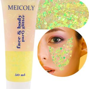 MEICOLY Chameleon Yellow Body Glitter (50ml): Chunky, color-changing glitter gel for mermaid looks. Holographic sequins for face, body, and hair, perfect for Halloween and festival makeup.