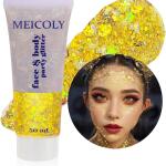 MEICOLY Gold Body Glitter (50ml): Yellow face glitter for Halloween, featuring chunky sequins for face and hair. Sparkling gel, perfect for mermaid looks and music festival makeup for women.