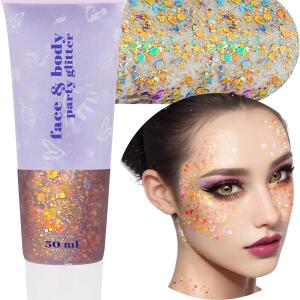 MEICOLY Chameleon Colorful Body Glitter (50ml): Chunky color-changing glitter gel for mermaid looks. Holographic sequins for face, body, and hair, perfect for Halloween and festival makeup.