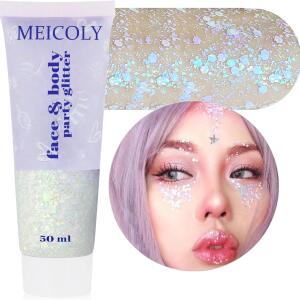 MEICOLY Chameleon Iridescent White Body Glitter (50ml): Chunky, color-changing glitter gel for mermaid looks. Opal sequins for face, body, and hair, perfect for Halloween and festival makeup.