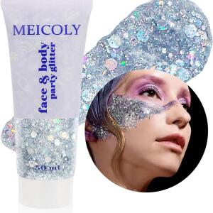 MEICOLY Silver Body Glitter: Chunky face glitter for Halloween with mermaid sequins. Ideal for hair and makeup at music festivals and parties. Sparkling gel for women and kids.