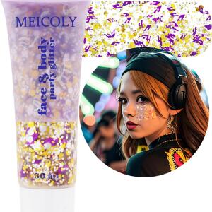 MEICOLY Face Glitter Makeup for Music Festival (50ml): Gold, silver, and purple body glitter. Perfect for women's festival outfits and face paint for country music events and raves.