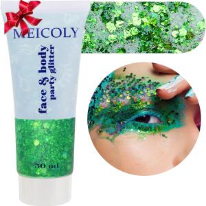 MEICOLY Green Body Glitter (50ml): St. Patrick's Day face glitter with sparkling sequins, perfect for Halloween, parties, and festival rave makeup. Ideal for mermaid looks on face and hair.