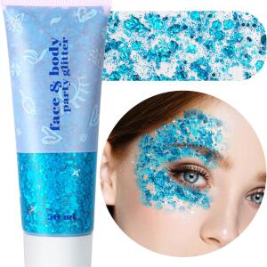 MEICOLY Sky Blue Body Glitter 50 ml, Mermaid Turquoise Face Glitter Gel, Halloween Glitter Face Paint, Light Blue Glitter for Face Body Eye Lip Hair, Sparkling Glitter Makeup for Women Kids