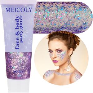 MEICOLY Chameleon Purple Body Glitter (50ml): Chunky, color-changing glitter gel for mermaid looks. Holographic sequins for face, body, and hair, ideal for Halloween and festival makeup.