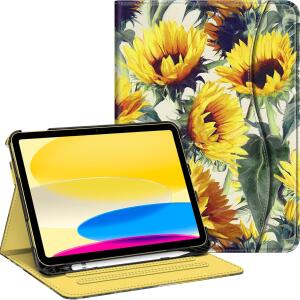 Fintie Case for iPad 10th Generation 10.9 Inch (2022), Multi-Angle Viewing Protective Stand Cover with Pencil Holder & Pocket, Auto Sleep/Wake (sunflowers)