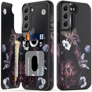 LETO Galaxy S22 Case,Luxury Flip Folio Leather Wallet Case Cover 6.1" Wine RED Flowers