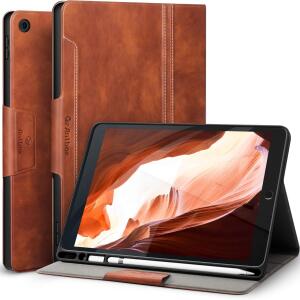 Antbox 10.2 Inch Case for iPad 9th/8th/7th Gen with Pencil Holder Vegan Leather Smart Cover (Brown)