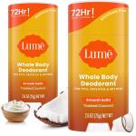 Lume Whole Body Deodorant, Toasted Coconut, 2.6 Ounce (Pack of 2), Smooth Solid Stick, 72 Hour Odor Control, Aluminum Free, Baking Soda Free and Skin Safe