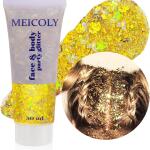 MEICOLY Gold Body Glitter (50ml): Yellow face glitter for Halloween, featuring chunky sequins for face and hair. Sparkling gel, perfect for mermaid looks and music festival makeup for women.