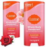 Lume Whole Body Deodorant, Peony Rose, 2.6 Ounce (Pack of 2), Smooth Solid Stick, 72 Hour Odor Control, Aluminum Free, Baking Soda Free and Skin Safe