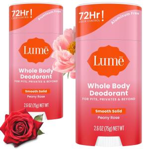 Lume Whole Body Deodorant, Peony Rose, 2.6 Ounce (Pack of 2), Smooth Solid Stick, 72 Hour Odor Control, Aluminum Free, Baking Soda Free and Skin Safe