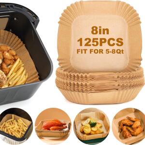 Air Fryer Paper Liners, 125 Pcs Parchment Paper, Disposable NonStick Paper Liner for Microwave, Square Air Fryer Liners (8 IN), Free of Bleach.