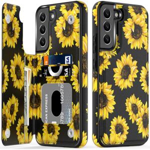 LETO Galaxy S22 Case,Luxury Flip Folio Leather Wallet Case Cover 6.1" Blooming Sunflowers