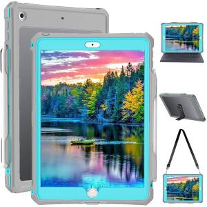 Transy Waterproof iPad 9th /8th/7th Generation Case Built-in Screen Protector Full Body Shockproof Protection Case with Strap (Blue)