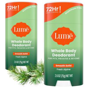 Lume Whole Body Deodorant, Fresh Alpine, 2.6 Ounce (Pack of 2), Smooth Solid Stick, 72 Hour Odor Control, Aluminum Free, Baking Soda Free and Skin Safe