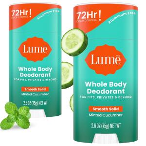 Lume Whole Body Deodorant, Minted Cucumber, 2.6 Ounce (Pack of 2), Smooth Solid Stick, 72 Hour Odor Control, Aluminum Free, Baking Soda Free and Skin Safe