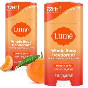 Lume Whole Body Deodorant, Clean Tangerine, 2.6 Ounce (Pack of 2), Smooth Solid Stick, 72 Hour Odor Control, Aluminum Free, Baking Soda Free and Skin Safe