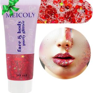 MEICOLY Red Face Body Glitter 50ml, Halloween Christmas Face Glitter Gel, Sparkling Glitter Face Paint, Festival Rave Accessories Glitter Makeup, Mermaid Body Glitter Gel for Women and Kids