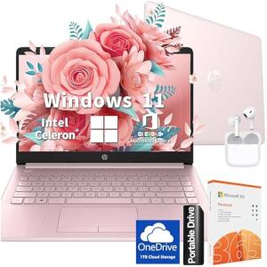 HP Ultralight 14" Laptop, Intel 4-Core, 8GB RAM, 128GB+64GB Storage, 1TB Cloud, Windows 11, Pink