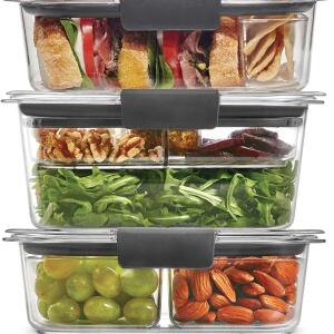 Rubbermaid Brilliance BPA-Free 3-Set Food Storage Containers with Lids and Removable Trays, airtight and leak-proof, ideal for meal prep, lunch, and leftovers