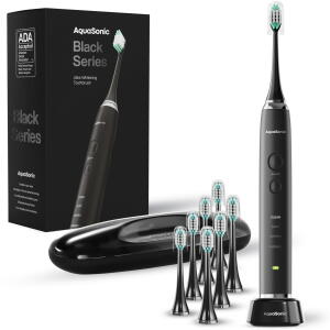 Black Series - Aquasonic Premium Electric Toothbrush Set, Rechargeable, 4 Modes, Travel Case, 8 Brush Heads