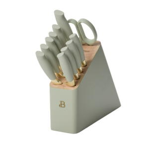 Sage Green - Beautiful 12pc Stainless Steel Knife Block Set Soft-Grip Handles by Drew Barrymore