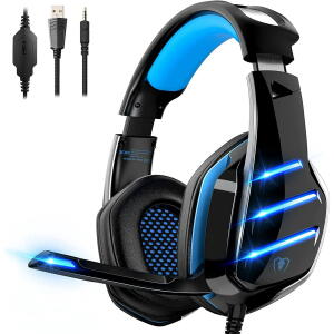 Beexcellent Gaming Headset, Noise Canceling Mic, Surround Sound Gaming Headphones - Black Blue