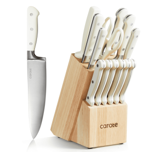 White - CAROTE 14 Pieces Knife Set with Wooden Block Stainless Steel Knives with Ergonomic Handle