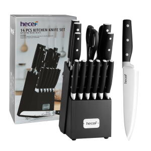 14 Pcs Hecef Kitchen Knife Block Set, High Carbon Stainless Steel Cutlery Set with 6 Steak Knives