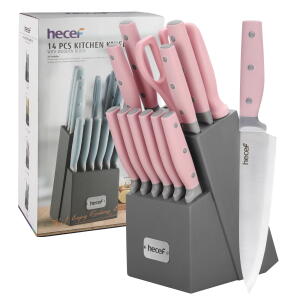 Pink - Hecef Kitchen Knife Block Set, 14Pcs High Carbon Stainless Steel Cutlery Knife Set with Sharpener