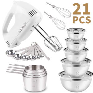 KOSBON Electric Hand Mixer with Upgrade 5-Speeds, Nesting Stainless Steel Mixing Bowls, Whisk Blender, and Measuring Cups & Spoons