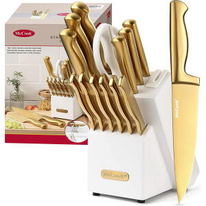 15 Pieces McCook MC21G Knife Sets, Golden Titanium Kitchen Knife Block Sets with Built-in Sharpener